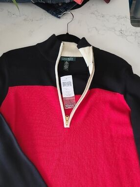 Ralph Lauren Woman's Zip-Up Colorblock Sweater - Red/Black with Cream Trim